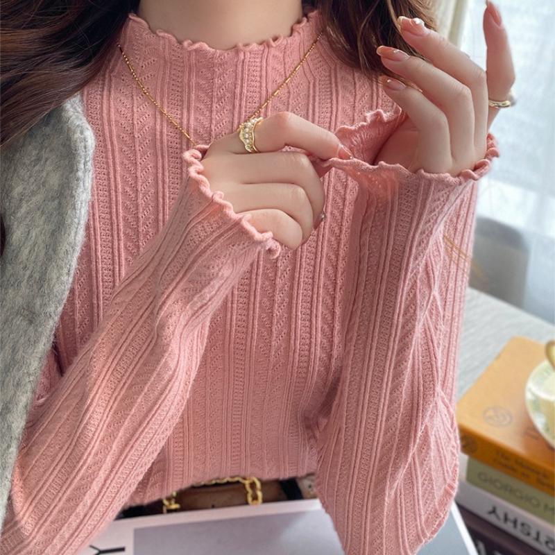 

Белый вязаный базовый слой женский весна осень верхняя одежда полувысокий воротник отделка рюшами топ со средним воротником зимний свитер One Size розовый