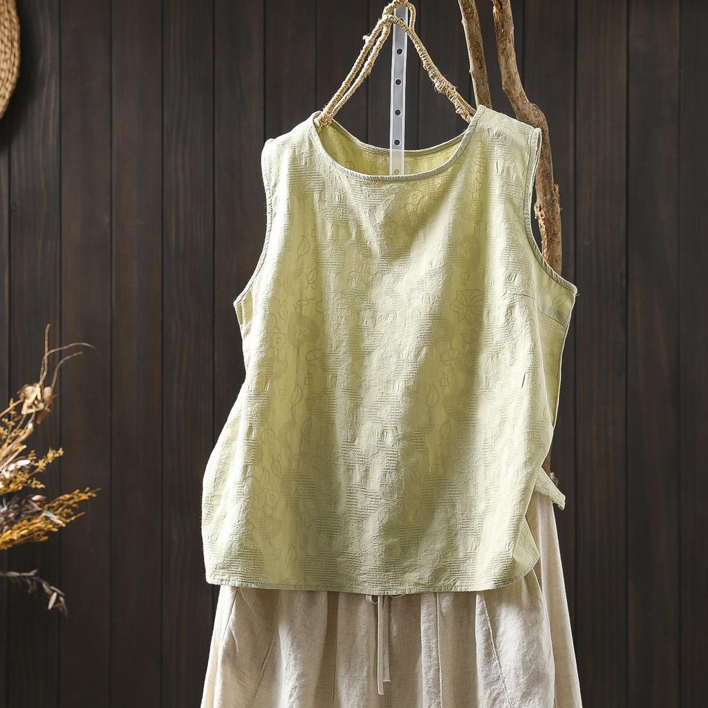 Cotton and Linen Jacquard Sleeveless T-shirt Women's New Summer Outer Wear with Loose and Thin Literary Casual Vest Cotton Top