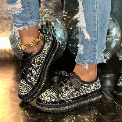 Grote maat ondiepe mond zomer nieuw strass platte bodem casual platform enkele schoenen veterschoenen board schoenen getij