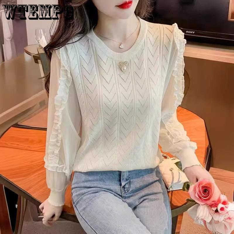 

Spring New Ice Silk Knitted Shirt for Women with Chiffon Sleeves Long Sleeve Knitted T-shirt Top S рожевий