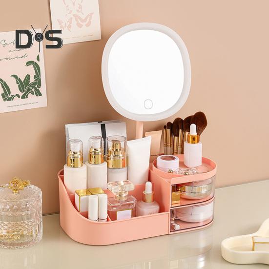 Boîte de rangement de maquillage avec miroir LED, grande capacité, compartiments multiples, boîte de rangement pour pinceaux de maquillage, organisateur de comptoir