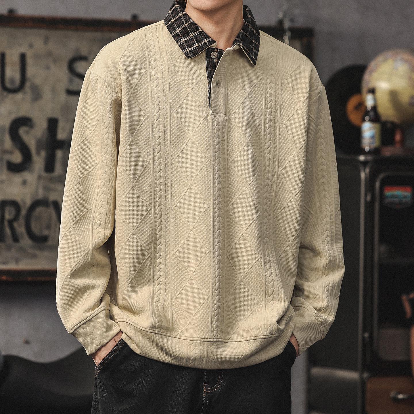 Men s Color Block Textured Faux Two-Piece Long Sleeve Polo Knit Hoodie L 120-140 lbs