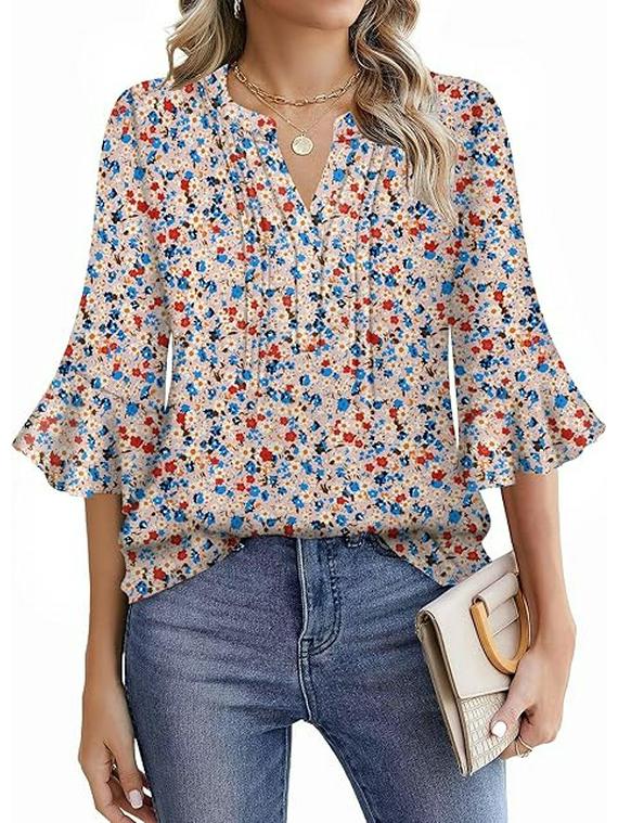 2025 Bluzka Szyfonowa z Dekoltem V w Kształcie Liścia Lotosu - Jednolity Kolor, Rękaw Siedmiopunktowy, Swobodny Luźny Krój