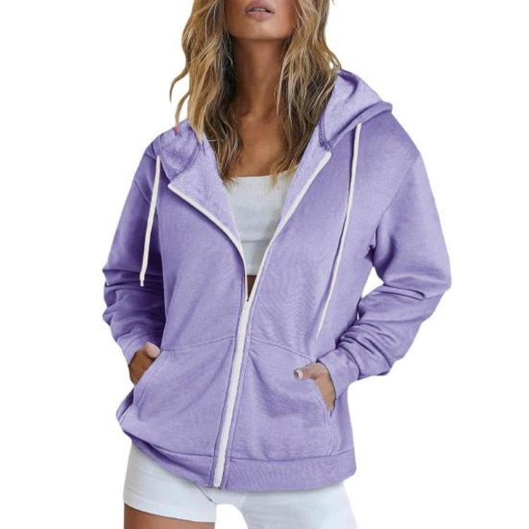 Women Loose Sport Hoodie Autumn Spring Coat with Hood Drawstring Long Sleeves Pockets Zip Up Elastic Cuff Hem
