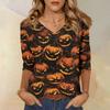 Women's Halloween Print V Neck Top 3/4 Sleeve Casual Shirt Lightweight Comfortable Fit Suitable for Seasonal Wear