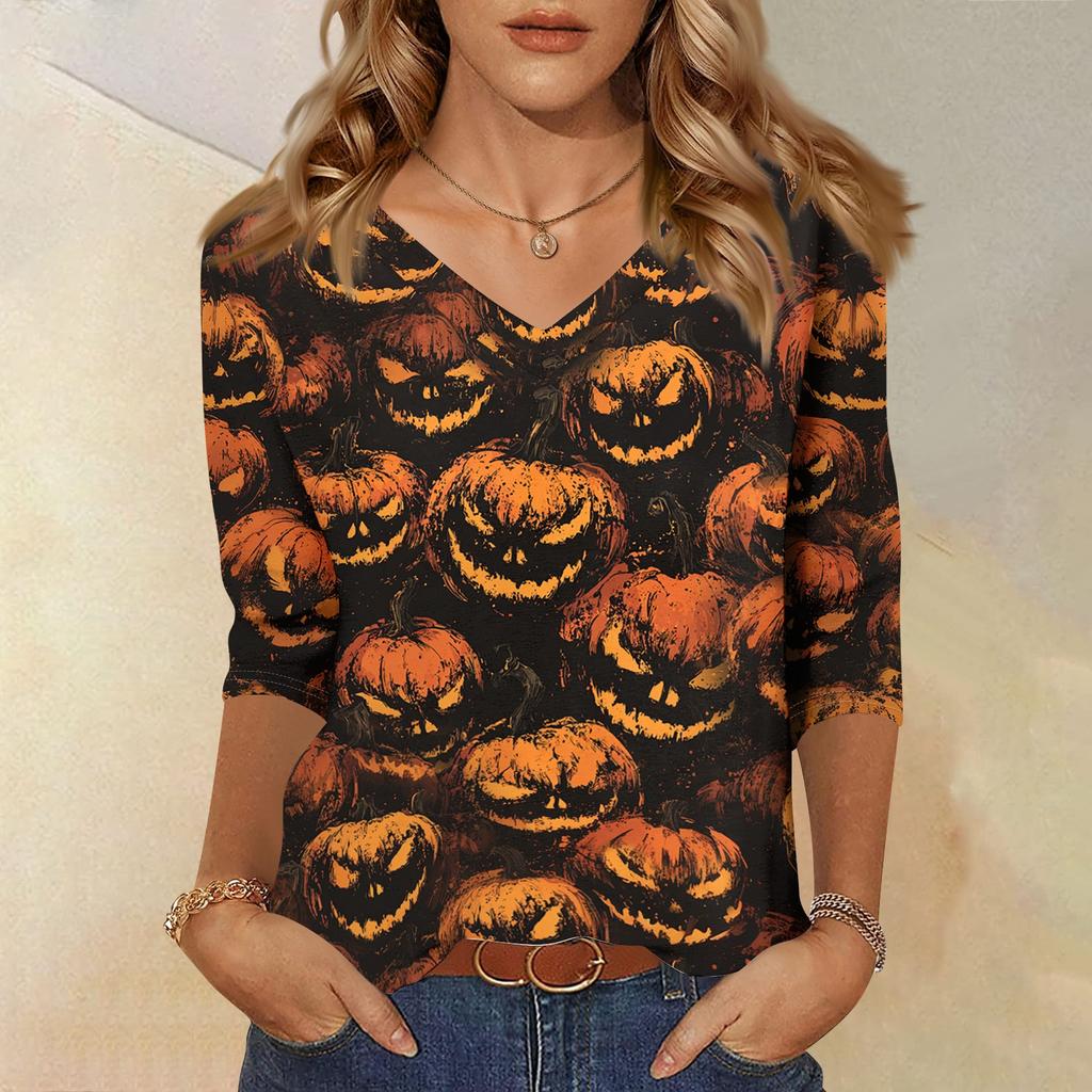 Women's Halloween Print V Neck Top 3/4 Sleeve Casual Shirt Lightweight Comfortable Fit Suitable for Seasonal Wear