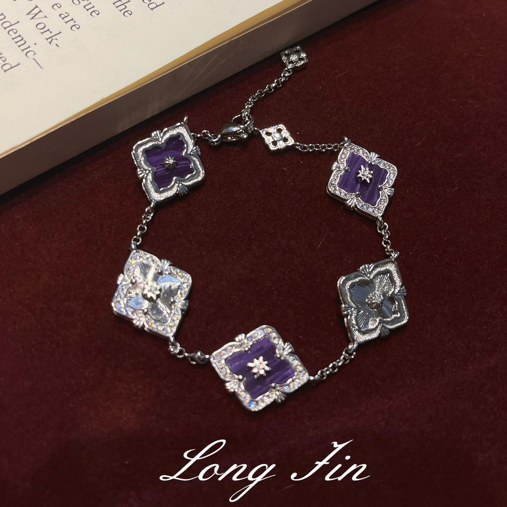 French Retro Four-Leaf Clover Window Grilles, Purple Dragon Crystal Jewelry Set, Necklace, Bracelet, Earrings, And A Ring.
