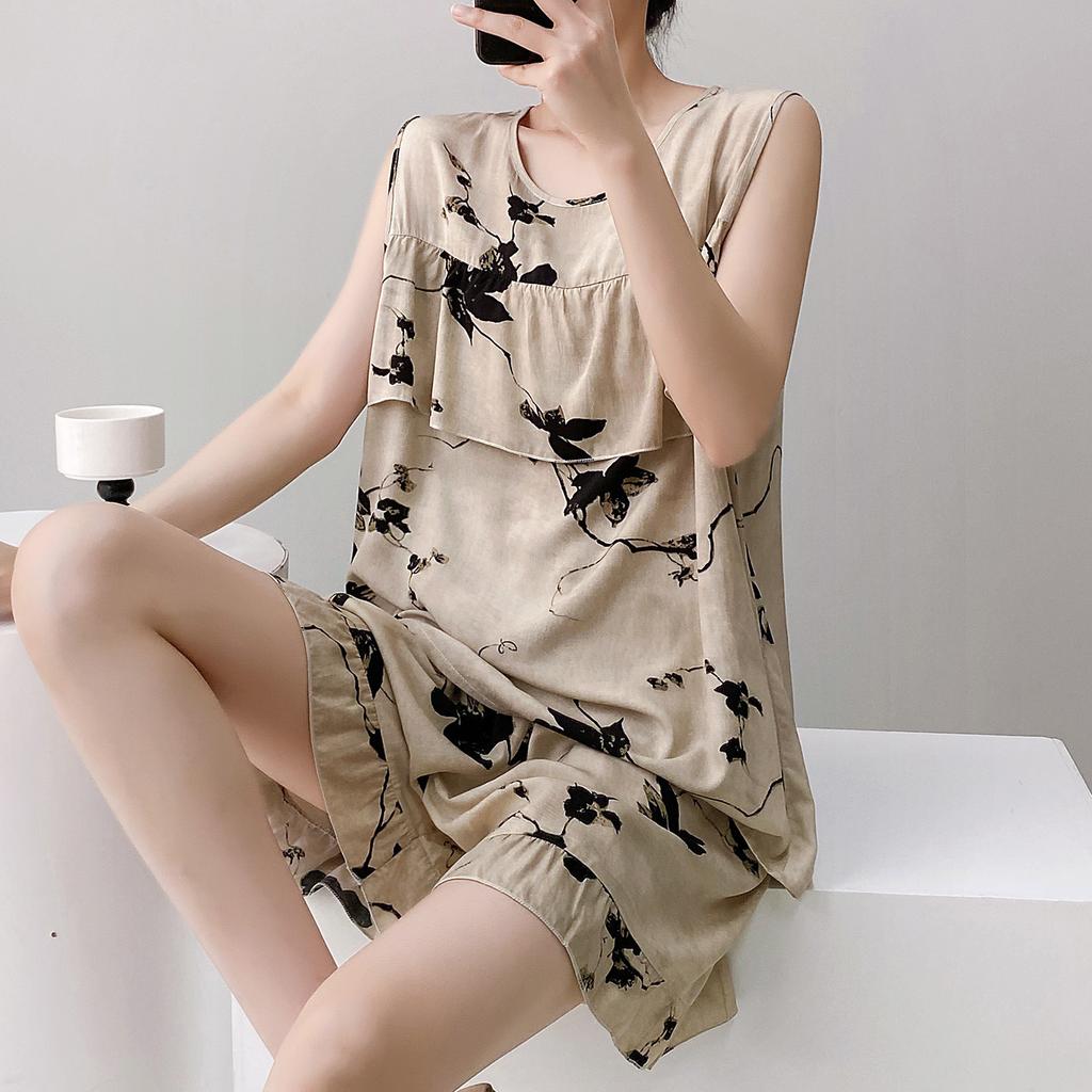 Anti-bumping Pajamas Women's Summer Vest Shorts Set Cotton and Silk Loungewear Can Be Worn Outside Loose Large Size Sweet and Cute