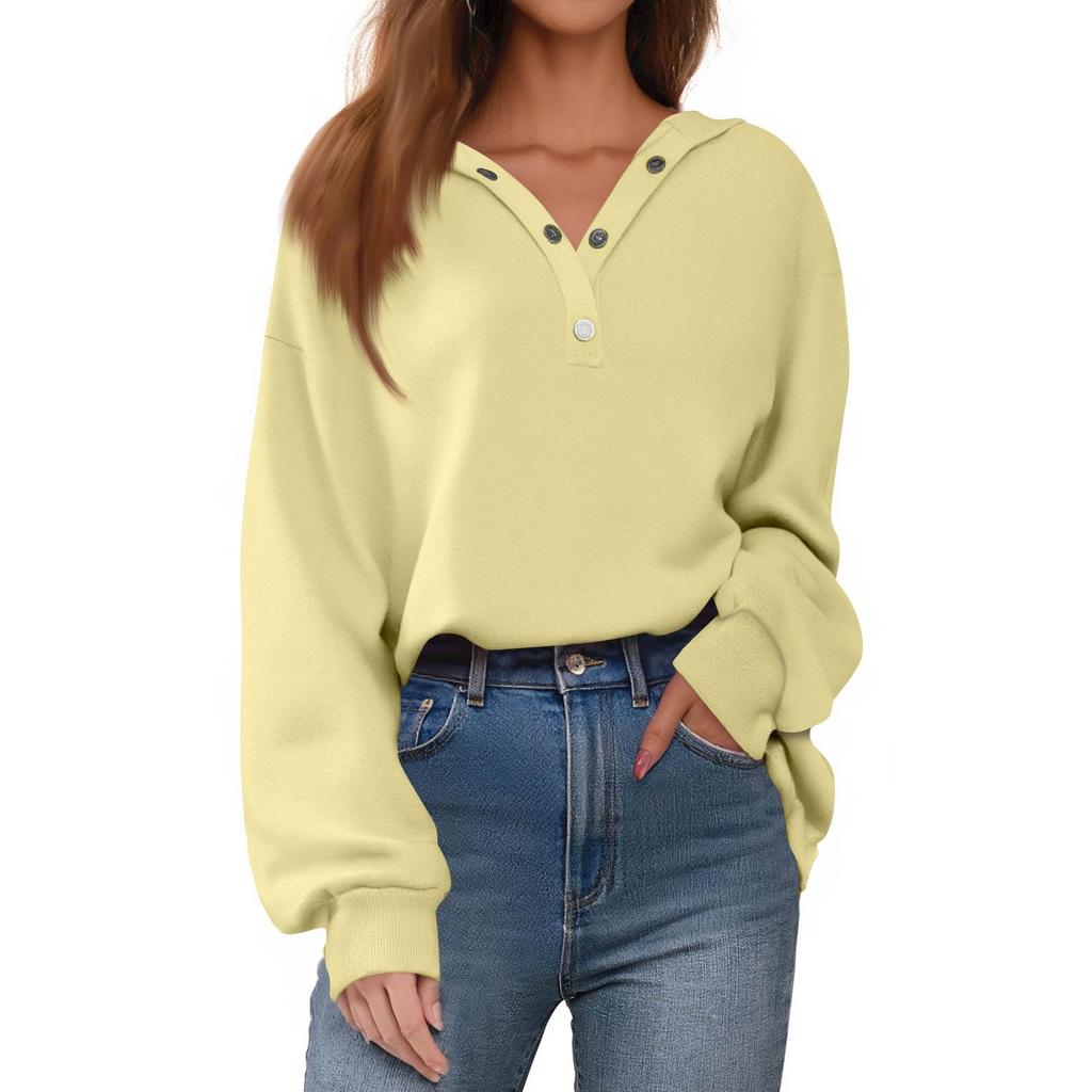 Dameknapp Ensfarvet Pullover Topper Casual Langermet Sweatshirts