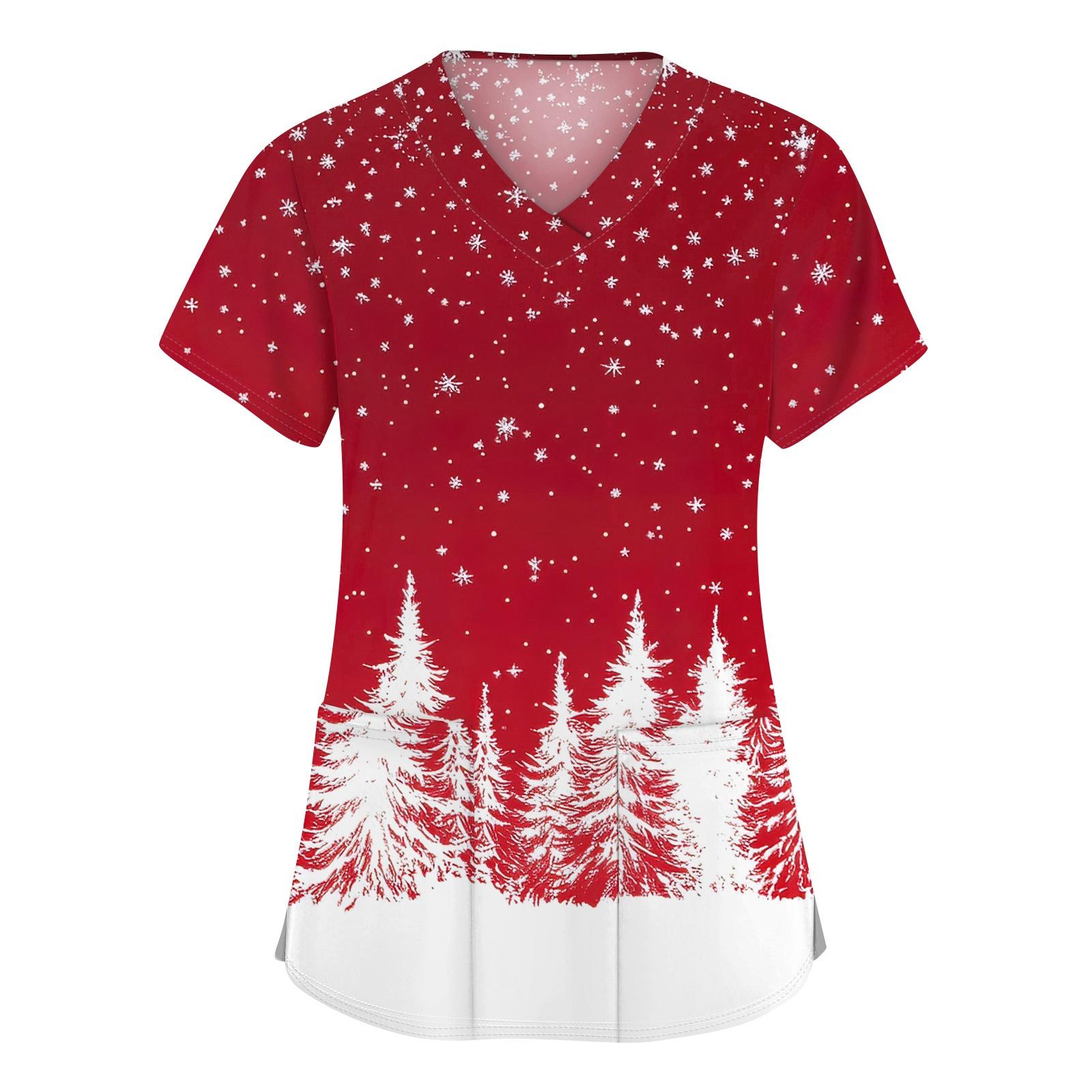 

Женская мода с v-образным вырезом, короткими рукавами и карманами, топы с рождественским принтом XL белый