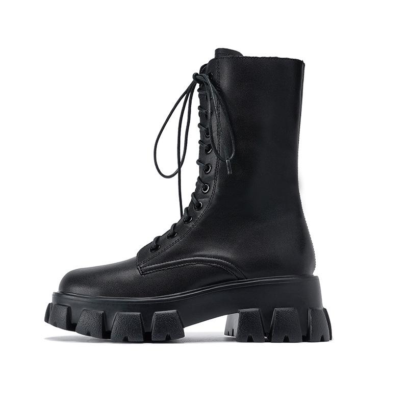 Newest Women Mid Calf Boots Autumn Winter Fashion Lace-Up Zipper Botas Mujer Comfortable Platform Heel Leather Women Boots 38