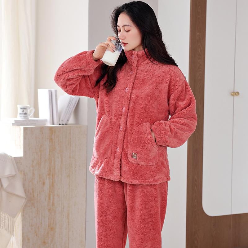 Pajamas Women'S Winter Fleece Thickened Coral Fleece Winter Flannel Autumn And Winter Loungewear Can Be Worn Outside Warm Suit
