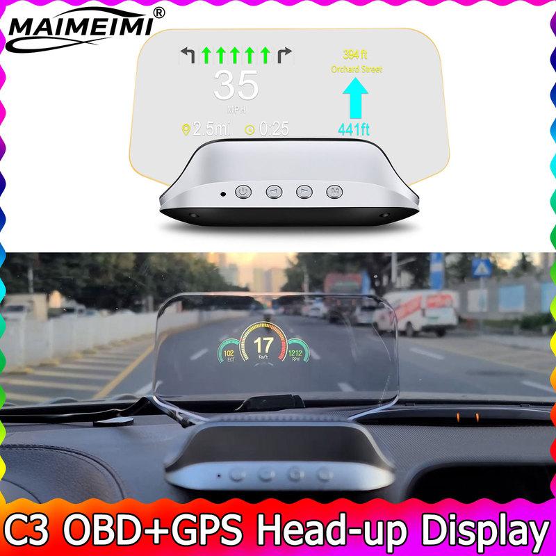 C3 Navigation HUD Speedometer Mirror OBD2+GPS Dual Mode OBD2 Head Up Display GPS HUD Digital MPH KMH Water&Oil Temp RPM Voltage