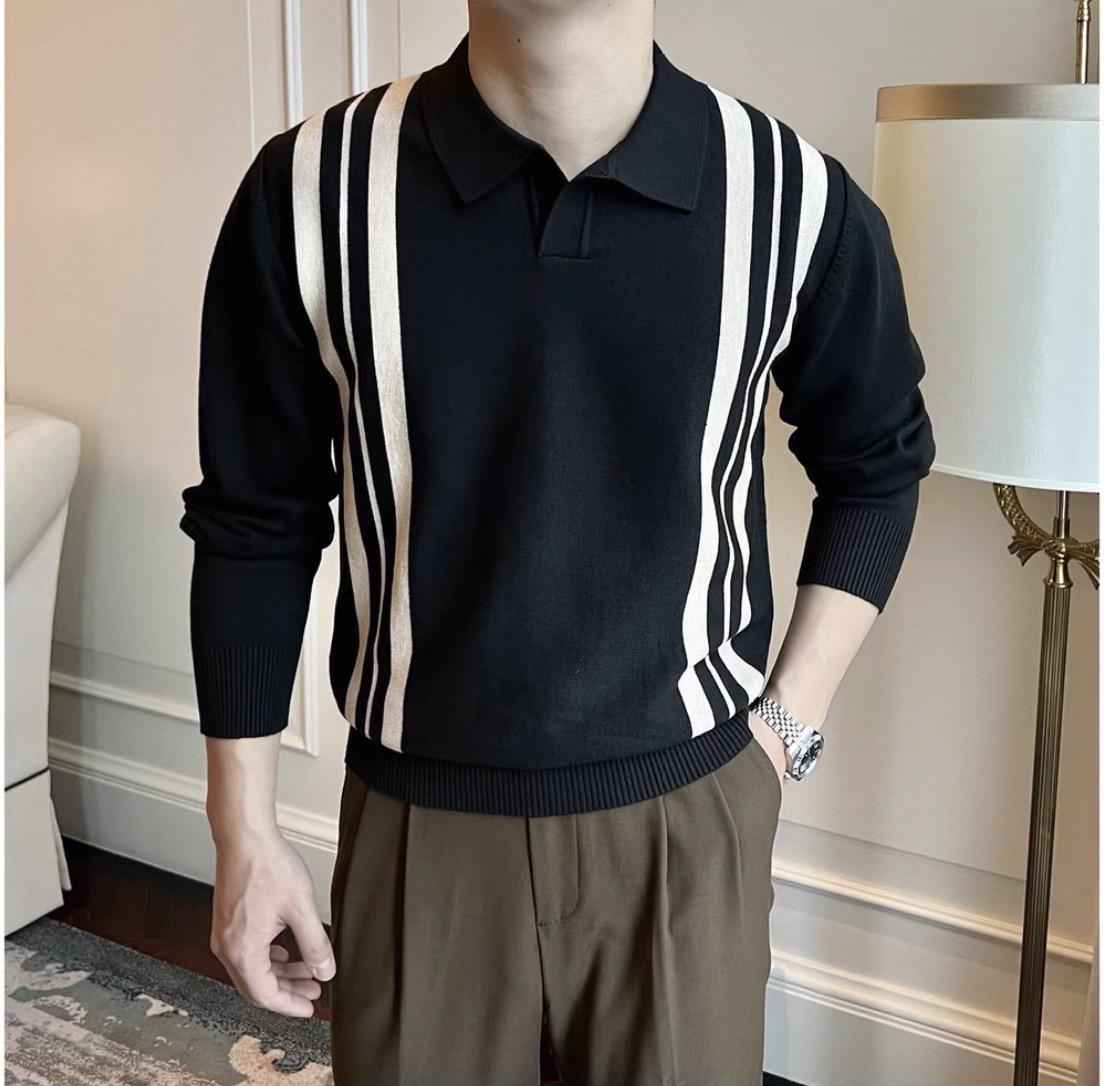 

Чоловічий ретро-светр-поло в смужку Slim Fit 2025 XL чорний