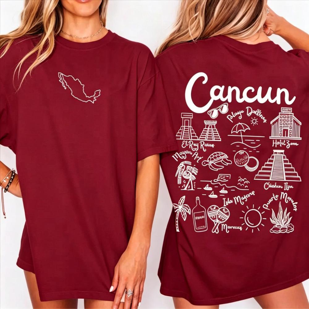 Cancun Shirt Doodles Landmarks Unisex Casual Shirt Mexican Gift Souvenir Summer Tee Playa Del Carmen Women
