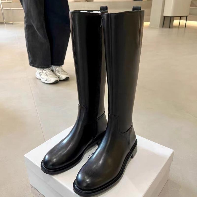 Cowhide Version of Simple Round Head Low Heel Side Zipper Fashion High Long Knight Boots Women's New Autumn and Winter Models