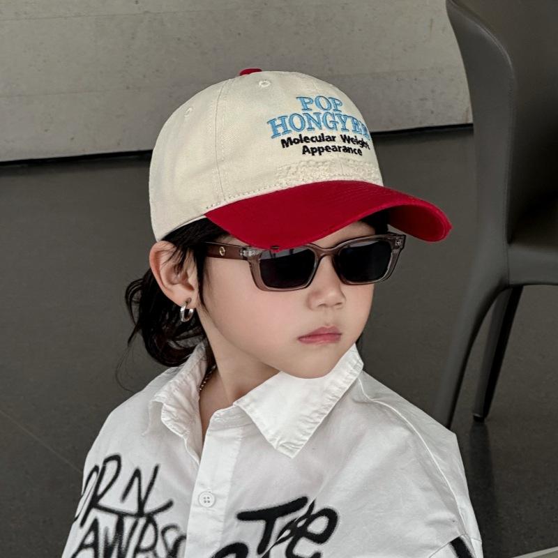 Children's American Retro Ripped and Fashionable Letter Embroidery Color blocking Bay Brim Spring and Autumn Soft Top Hat Casual Baseball Hat