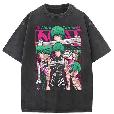 Zenin Maki Anime Vintage Washed T-Shirt Cotton Jujutsu Kaisen Harajuku Men's Streetwear Women Short Sleeve Washed Retro Fashion