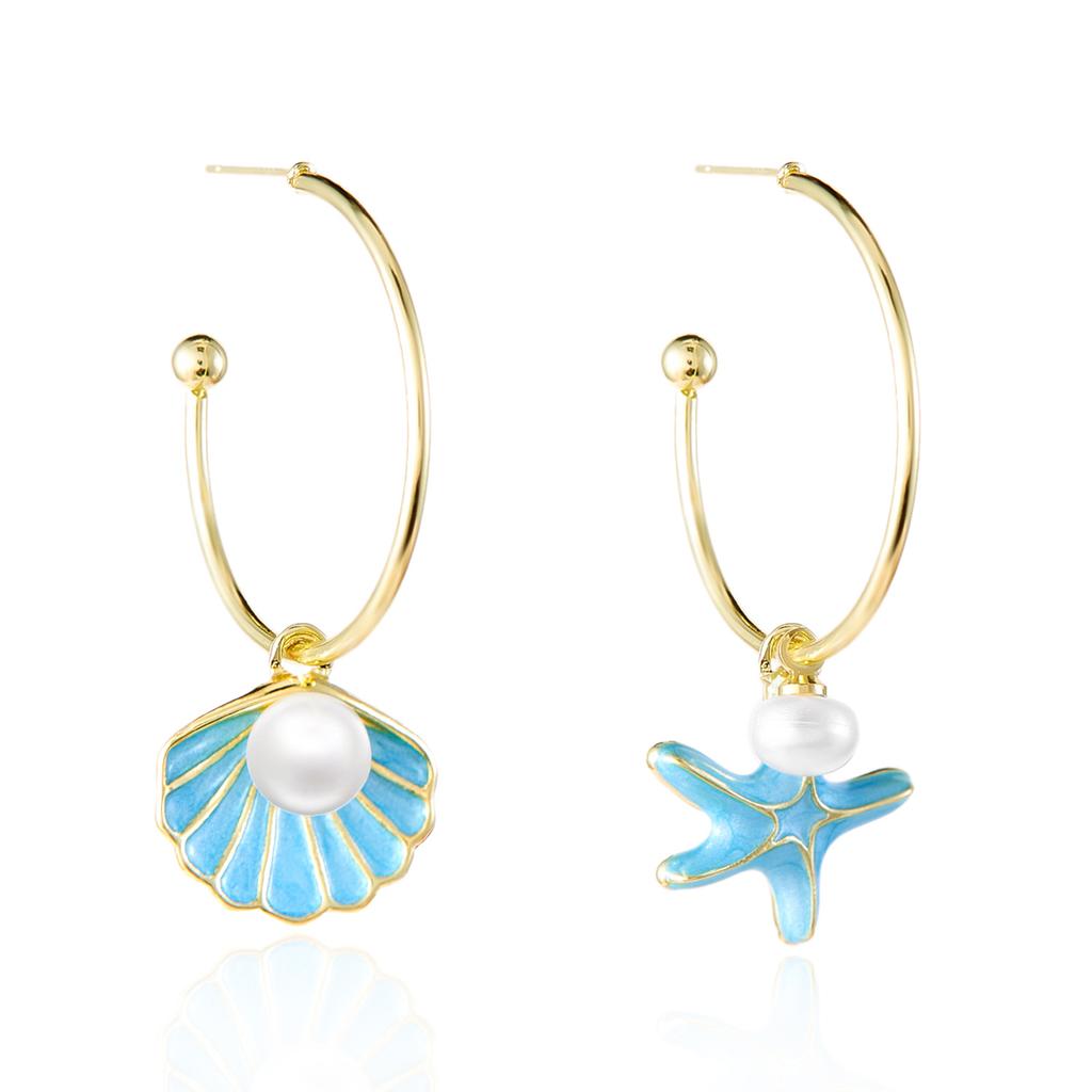 Sweet Temperament Colorful Oil-dripping Shell Starfish Pearl Dangle Earrings for Women Summer Beach Cute Jewelry Accessory Gift