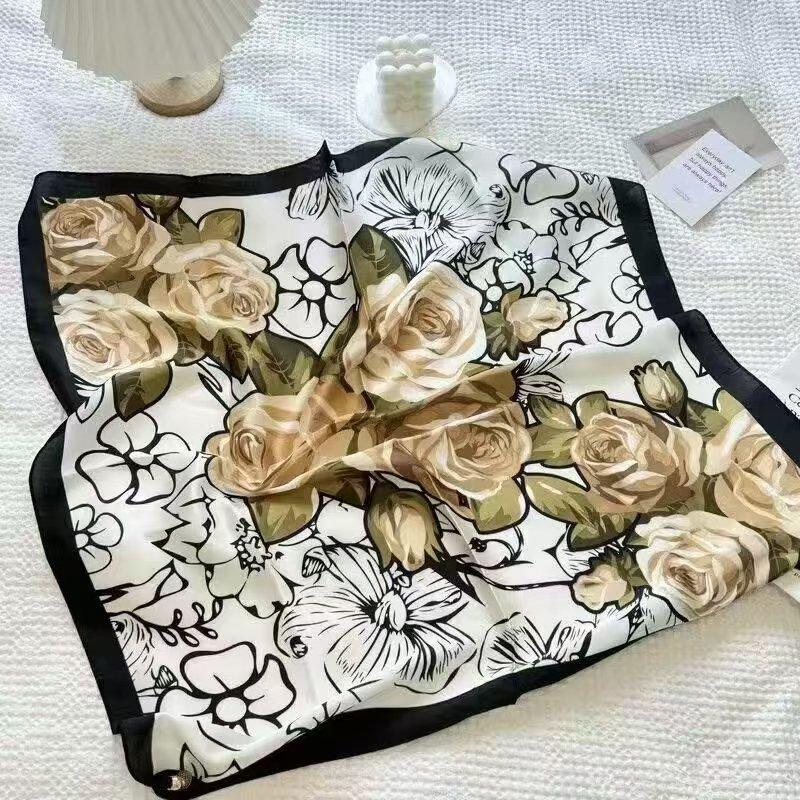 Neuer 70 * 70 cm quadratischer Schal im koreanischen Stil, Seidenschal, Ganzjahres-Sonnenschutzschal, Tasche binden, Stirnband, vielseitig