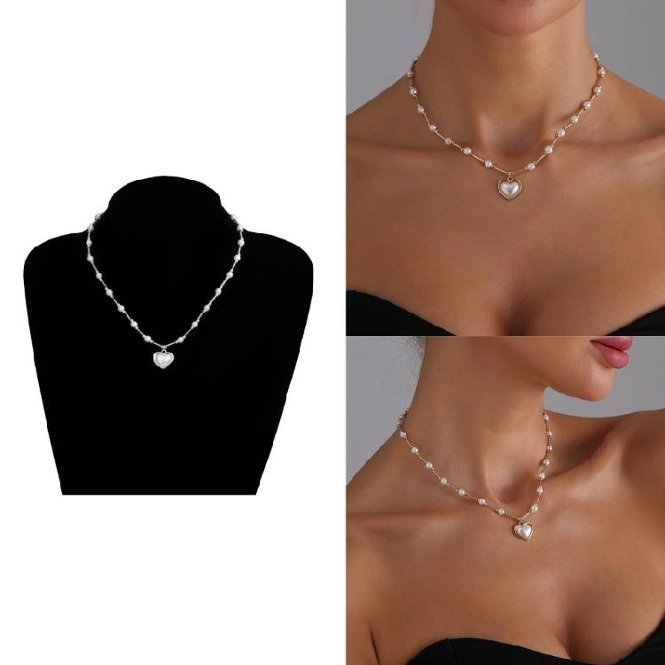 Elegant Heart Shaped Pearls Accent Necklace Versatile Wear Day To Night Adjustable Collarbone Chain Stylish Neckwear