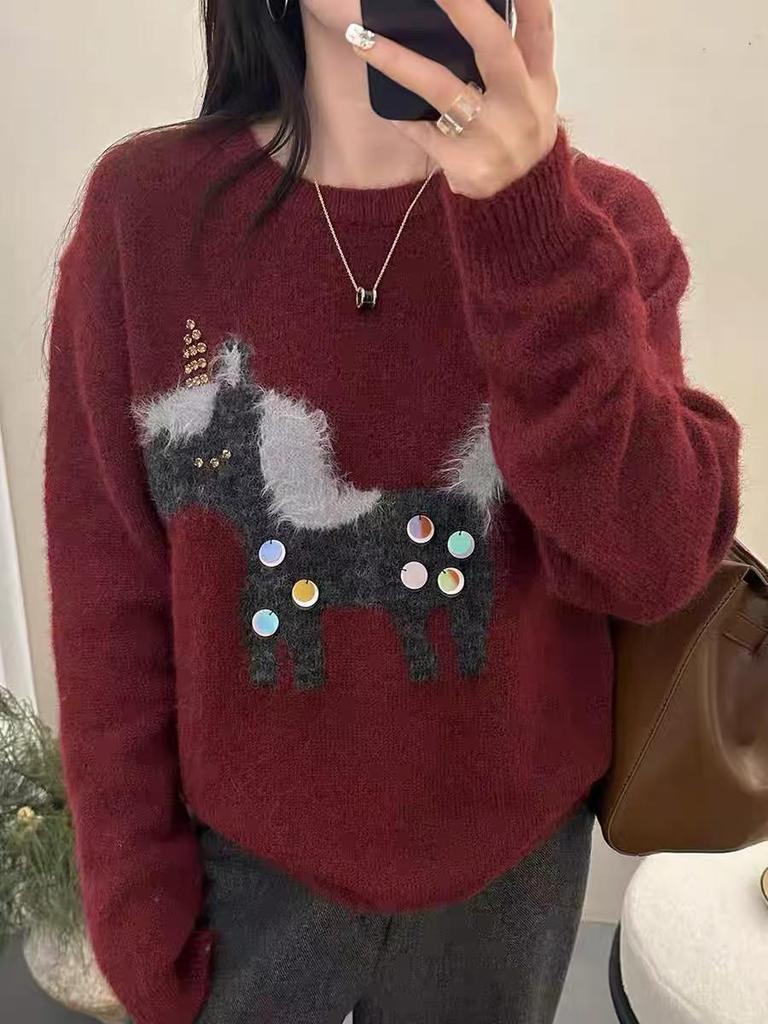 Women's Autumn/Winter 2026 Loose Wool Pullover with Heavy Industry Sequin Cartoon Pony Embroidery
