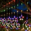 Star, Moon, and Snowflake LED Curtain Lights with Reindeer and Tree Shapes – Festive Atmosphere Decoration
