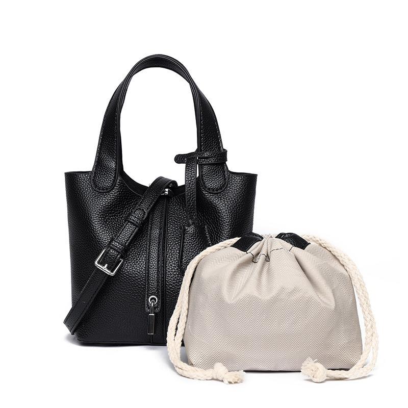 The top layer of cowhide women's bag, high-end leather bucket bag, handbag bag, commuter lychee pattern one-shoulder crossbody mom bag