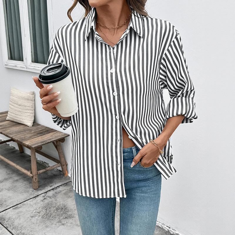 Simple Lapel Women's Autumn New Casual Striped Long-sleeved Shirt Thin Jacket for Women