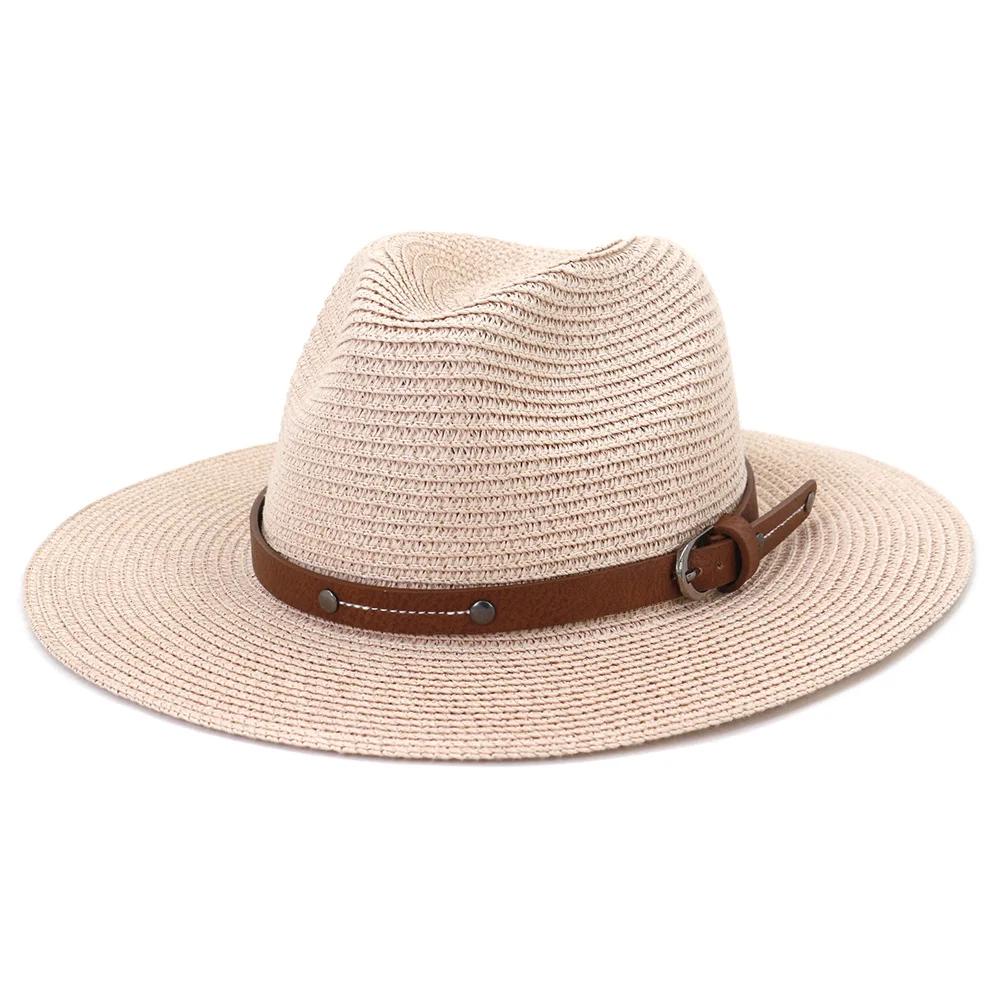 Navy Panama Hat Straw Summer Hats for Women Men Fedora Wide Brim Belt Decorate Male Female Jazz Sombrero Cap Black Pink New