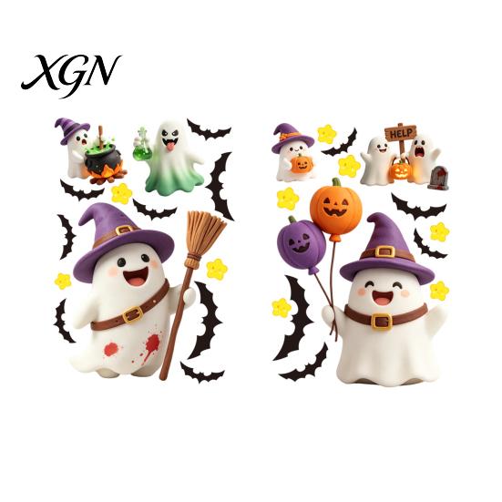 Transparent Window Murals 2Pcs Cute Ghost Halloween Static Stickers, PVC Waterproof Cartoon Pumpkin Bat And Decals Star Glass Decals, Reusable Clings
