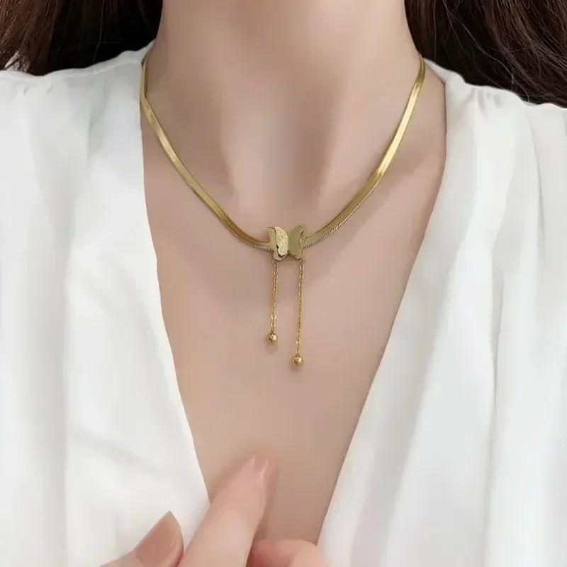 Stainless Steel Butterfly Pendant Neck Necklace for Girls Women Charm Snake Chains Choker Waterproof Zircon Valentine Day Gift