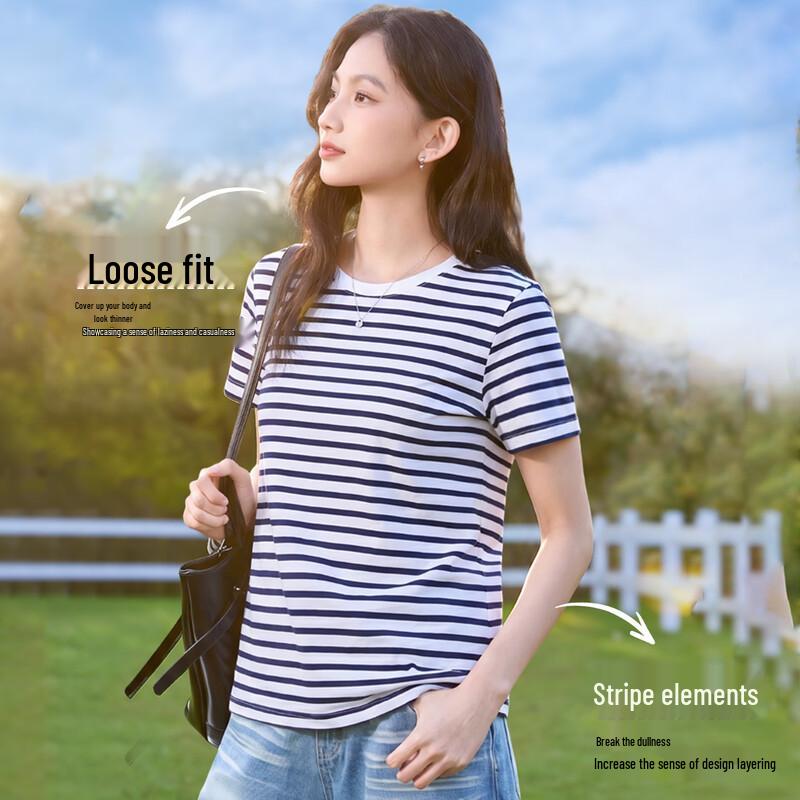 MINISO Women's Striped Cotton Crew Neck T-Shirt