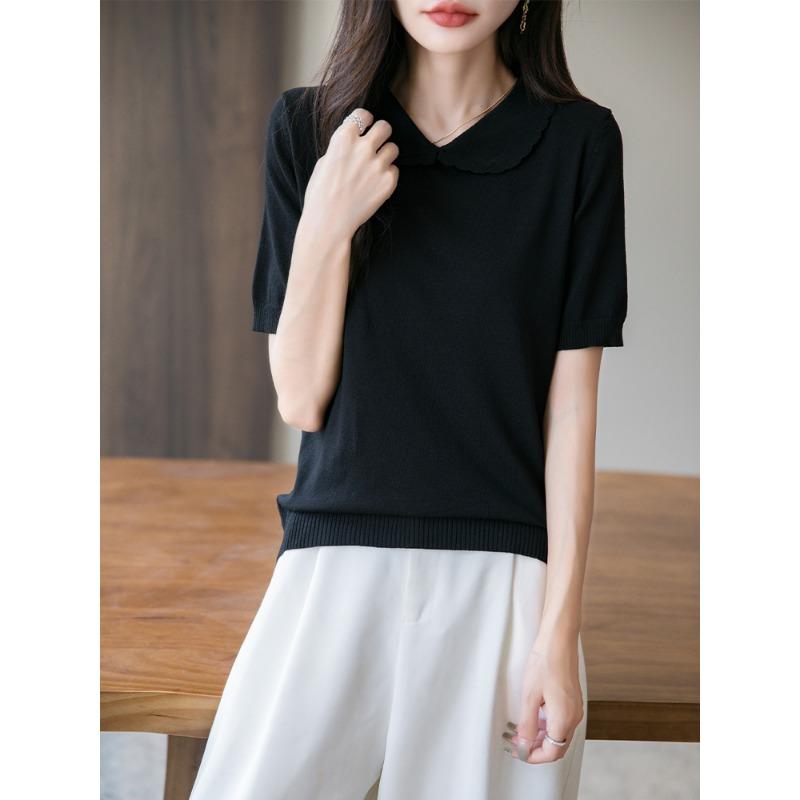 

Кукольный воротник Футболка из ледяного шелка Рубашка Новый летний свитер С коротким рукавом Омолаживающий топ XXL чёрный