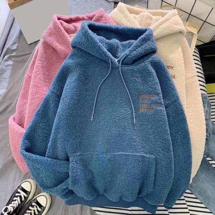 Fleece Pullover Top Warm Loose Women Long Sleeves Thick Drawstring Cuff Elastic Letter Patch Pocket Embroidery Fall