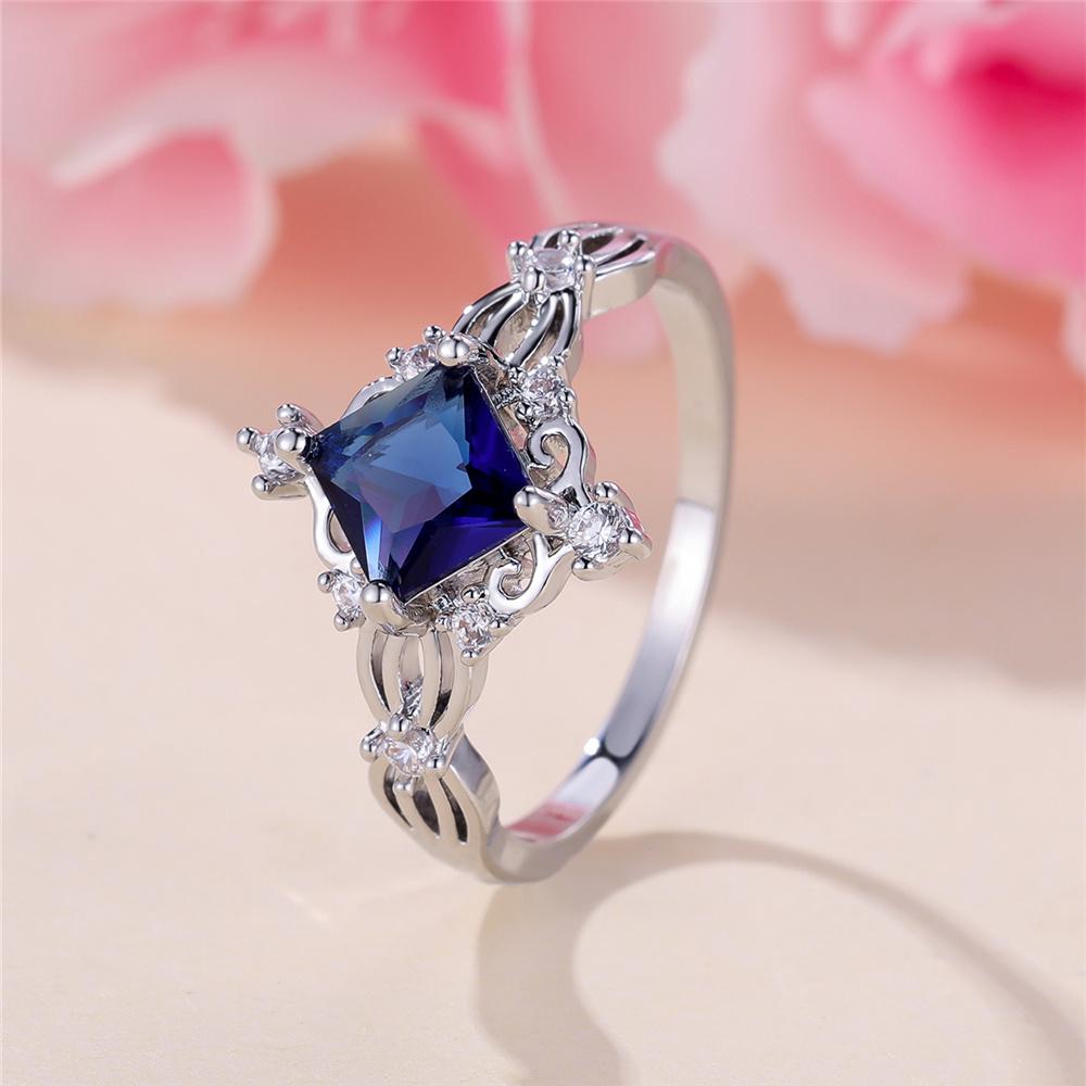Charm Female Blue White Square Round Zircon Stone Ring CopperColor Dainty Gift Party Wedding Jewelry For Women