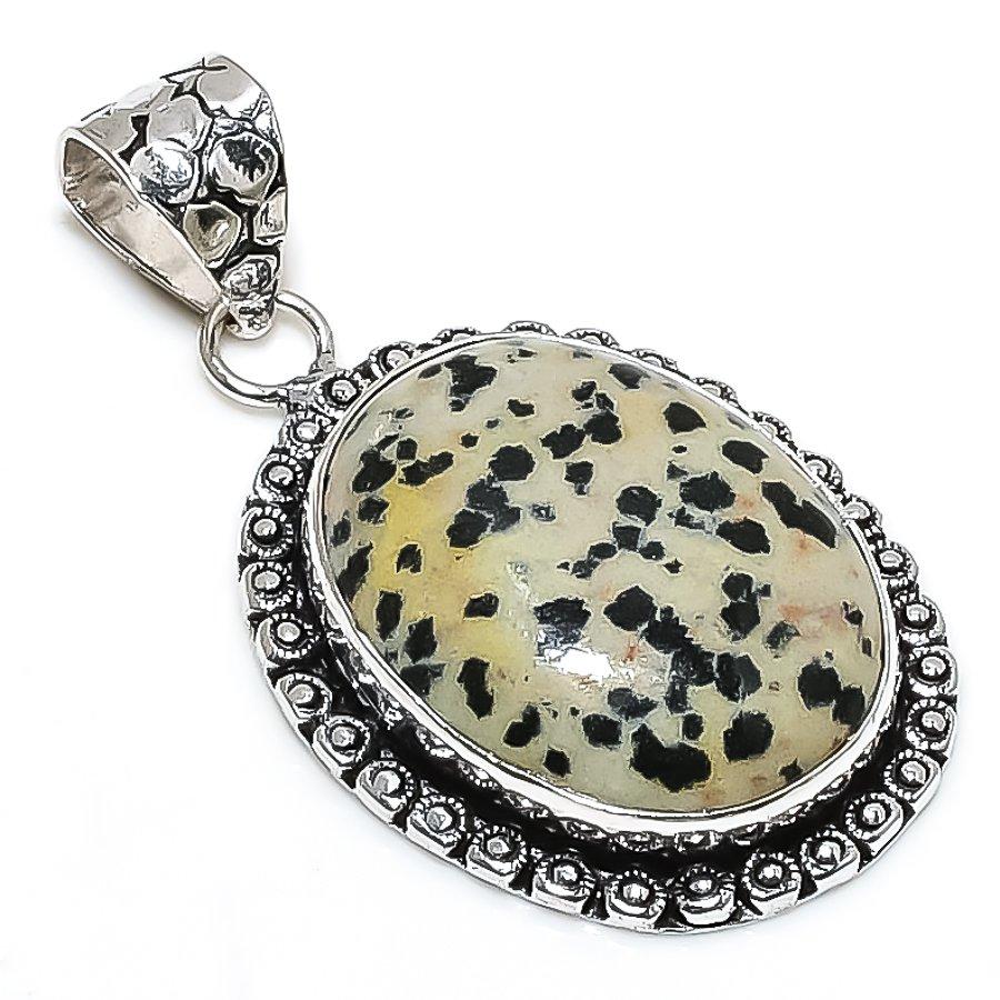Dalmation Jasper Gemstone 925 Sterling Silver Jewelry Pendant 1.89" SU-10727