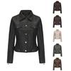 Womens Faux Leather Biker Jacket With Multiple Zippers Long Sleeve Open Front Coat Lightweight