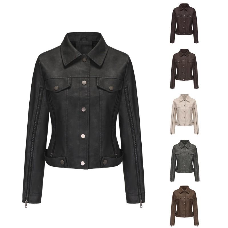 Womens Faux Leather Biker Jacket With Multiple Zippers Long Sleeve Open Front Coat Lightweight