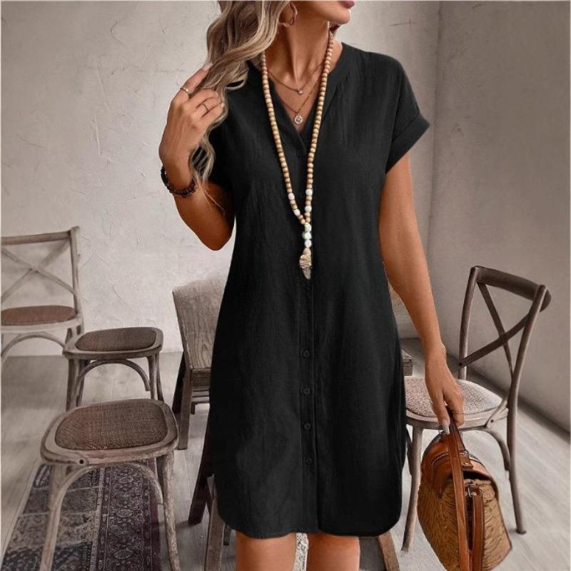 VEZFAA Abiti casual da donna, moda estate primavera, stampa tinta unita, manica corta, scollo a V, vita ampia