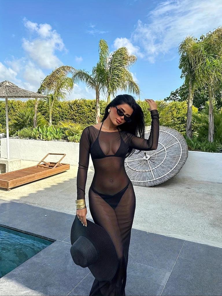 European Summer Slim Mesh See-through Long Sleeve Maxi Dress