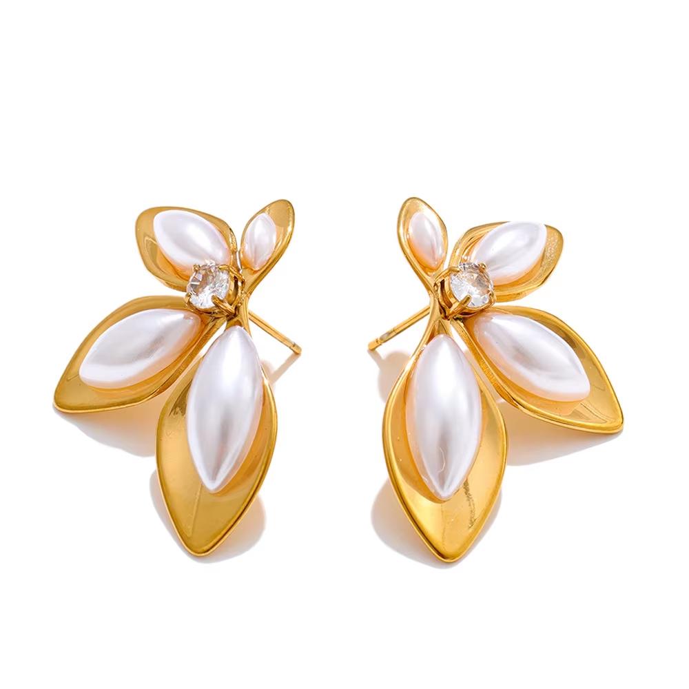 

Yhpup Stainless Steel Simulated Pearls Open Flower Ring Trendy 18K Golden PVD Plated Young Modern Finger Jewelry Accessories
