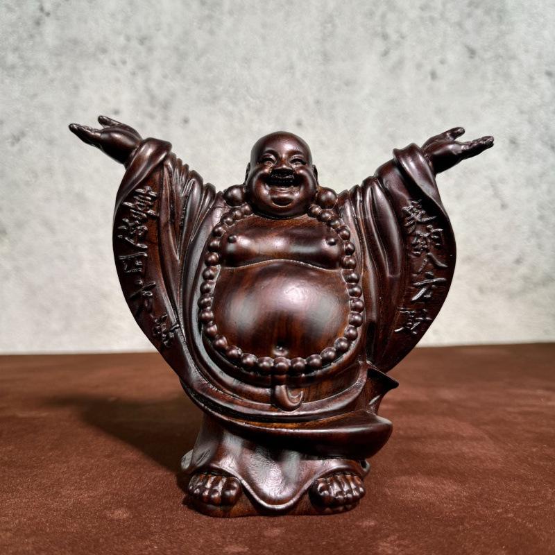 Ebony Maitreya Statue: Solid Wood Carving Welcoming Guests, Embracing Wealth with a Big Belly Laugh