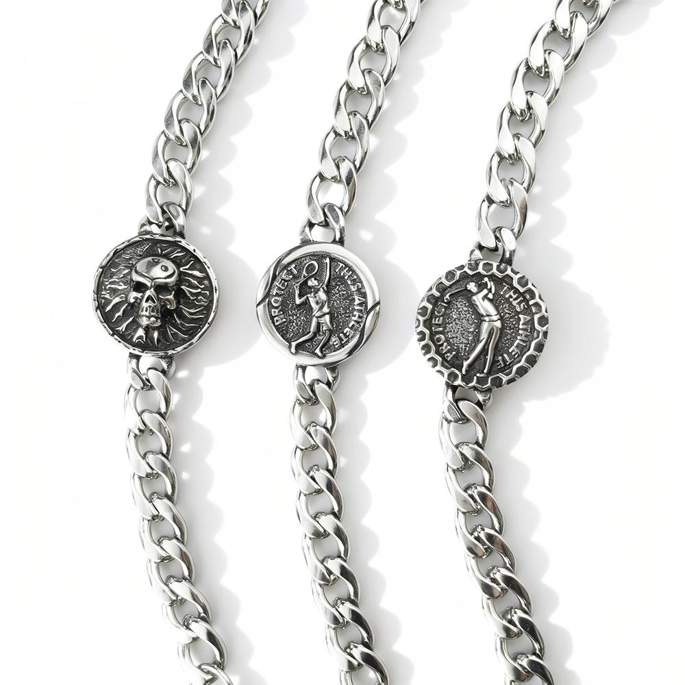 Hip Hop Stainless Steel Vintage Punk Skull Head Dragon Pattern Round Brand Sports Men's Bracelet Accessories