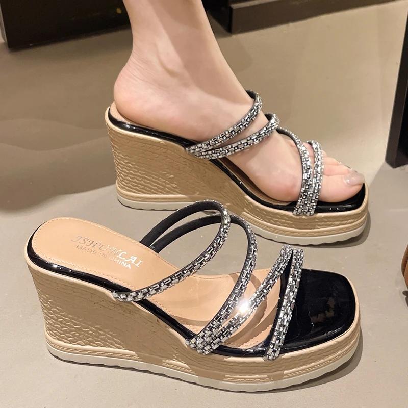 Fashion Shiny Crystal Wedge Heel Sandals for Women 2025 Summer Chunky Platform Slippers Woman Fashion Thick Bottom Party Sandalias Mujer