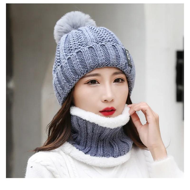 Winter Hat Womens Beanie Hats Thick Warm  Winter Women Knitted Hat B Letter Bonnet Beanie Cap Cycling Hat Scarf 2pc Sets