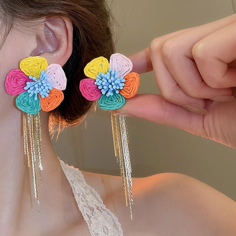 Silver needle chiffon flower fringed stud earrings sweet Mori dopamine earrings niche trend versatile earrings fashion women