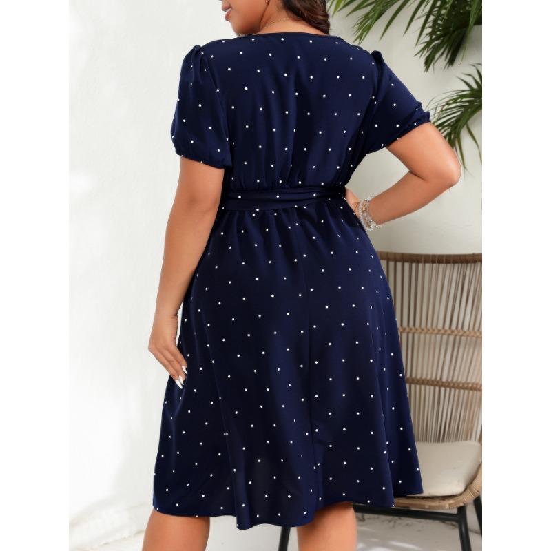 Summer Large Size Retro Polka Dot Dress Women Elegant Slim Waist Cinched Lace Up Square Neck Party Dress Fashion Elegant Sweet Casual Holiday Dresses