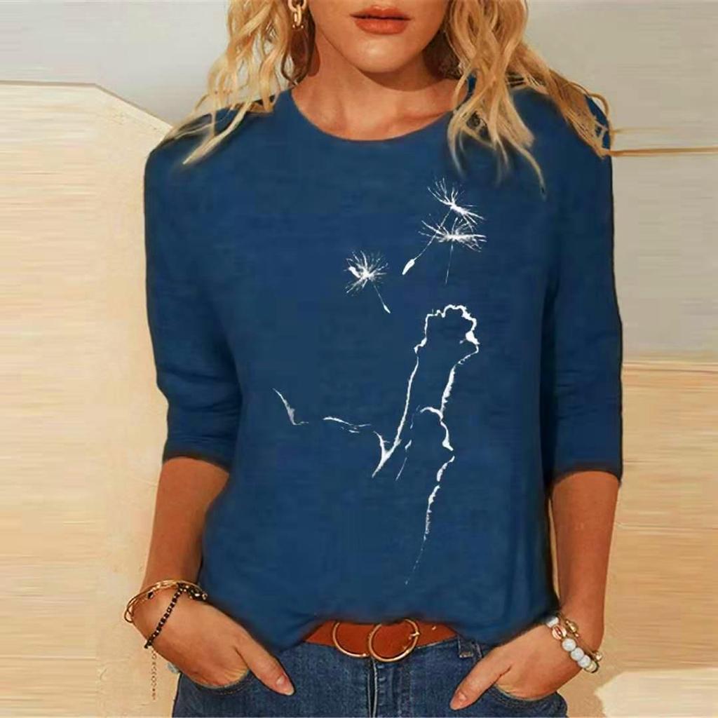 Women's Knitted Long Sleeve Animal Print Round Neck T-Shirt, European and American Style, 2023.