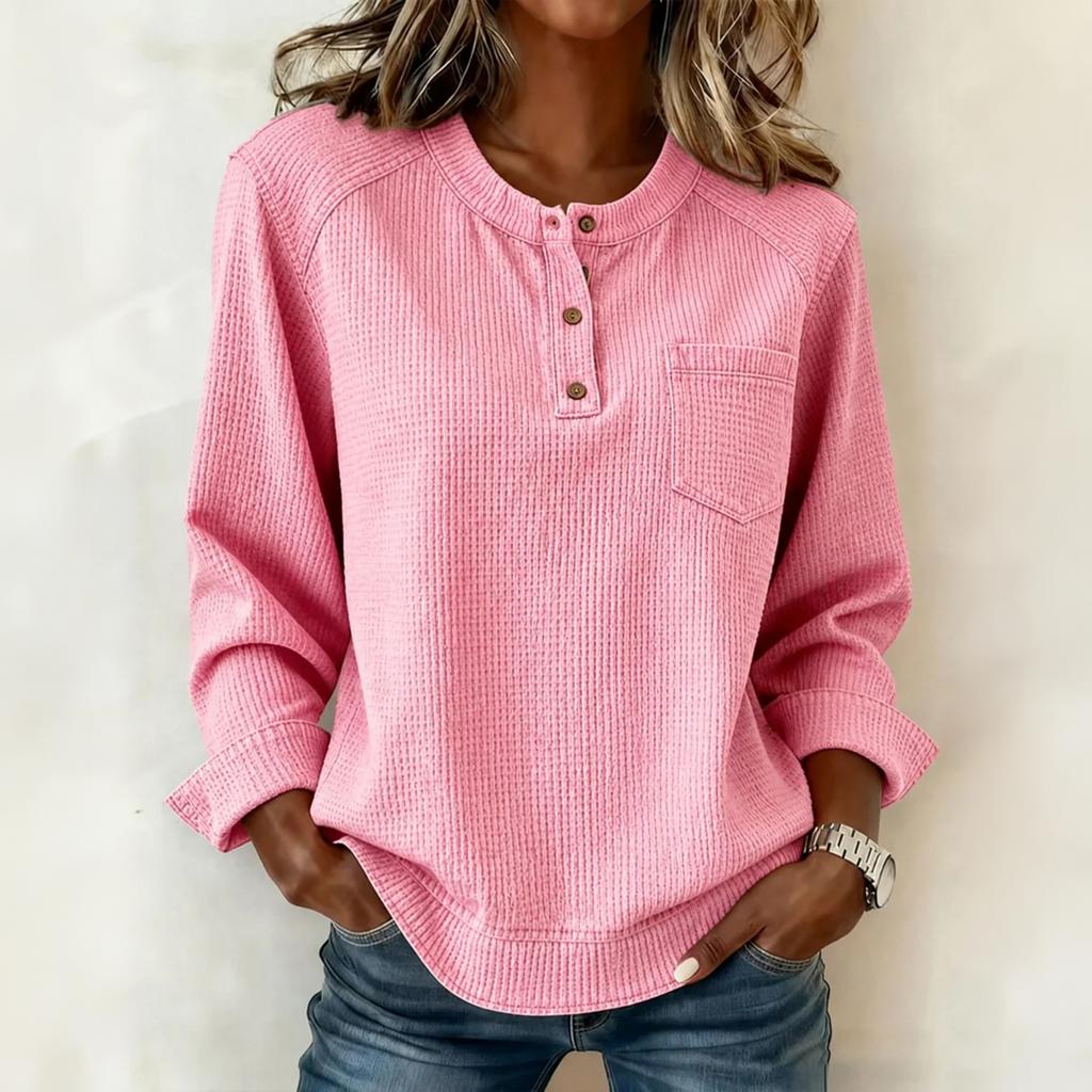 Damen Mode Strick Oberteil mit langen Ärmeln und Taschen, Lockerer Raglan Herbst Winter Hemd